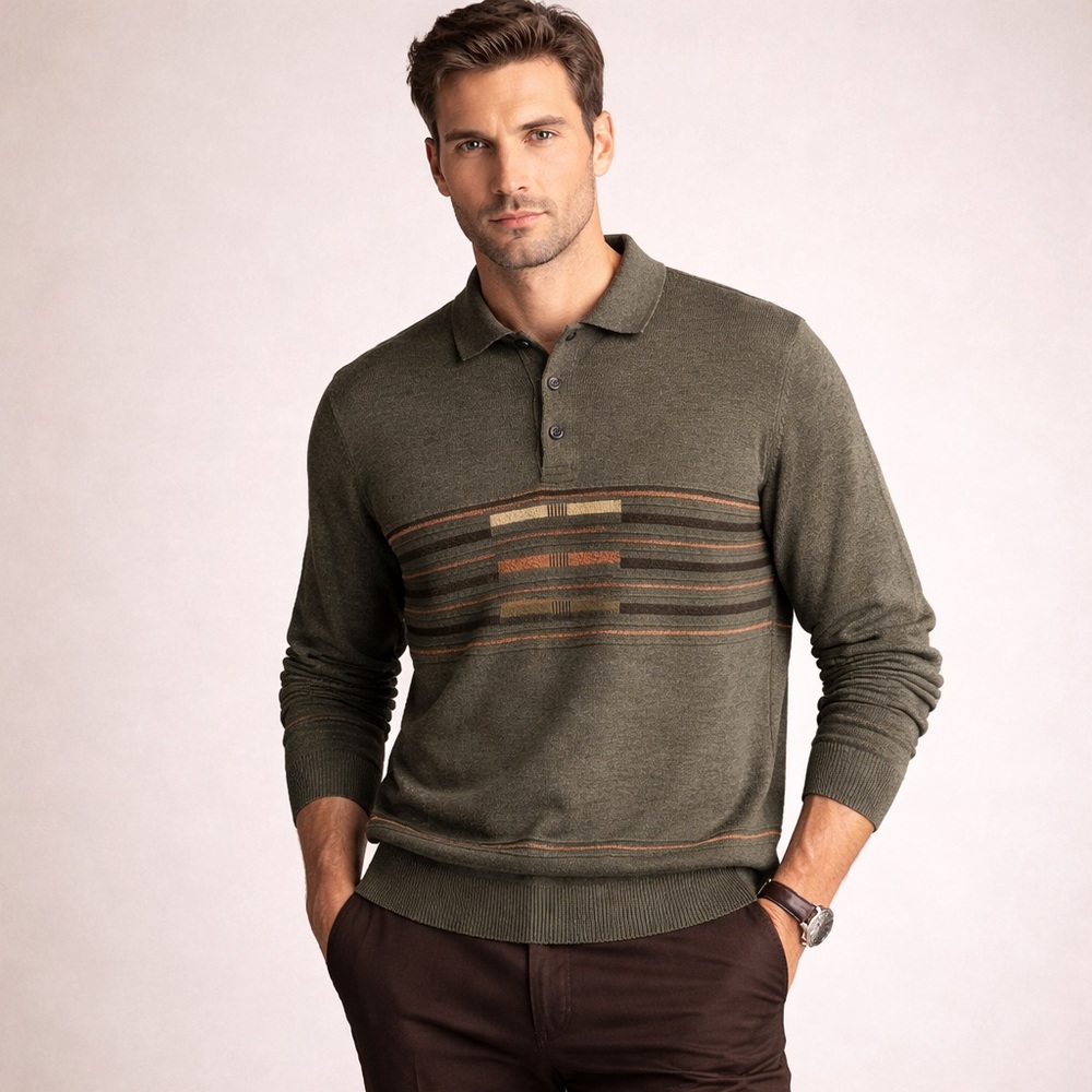 Gran Sasso 3D Stripe Wool Blend Knit Polo Sweater Textured Olive Sz L